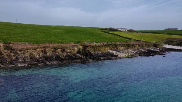 大西洋の岩場の海岸にある緑のフィールド 穏やかな海の表面 アイルランドの自然 空中写真 — ストック写真