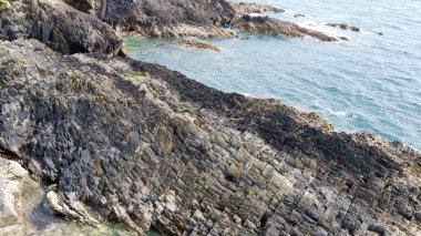 Sakin deniz yüzeyi ve kıyısı. Kıyı manzarası.