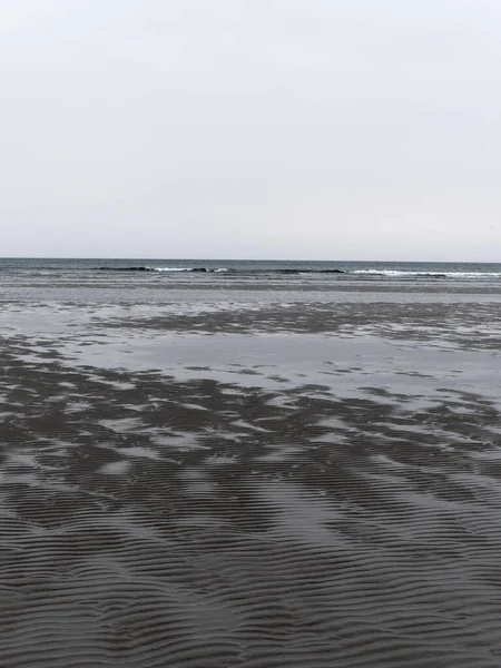多云的日子里 在低潮的海滨湿透波浪的沙子 荒凉的海滨风景 欧洲北部的严酷性质 大西洋的寒冷海岸 灰色海滩 — 图库照片
