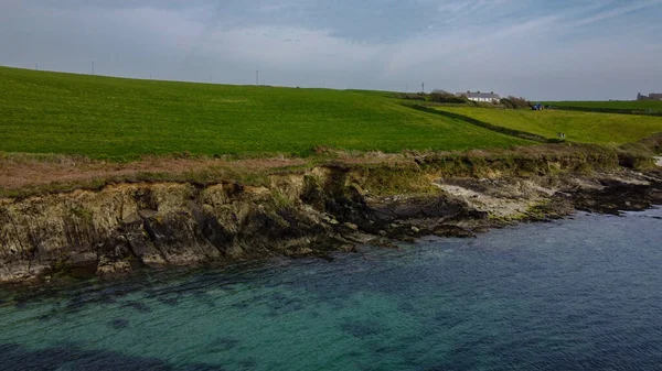 Ett Fält Havets Klippiga Strand Lugn Havsyta Irlands Natur Drönarfoto — Stockfoto