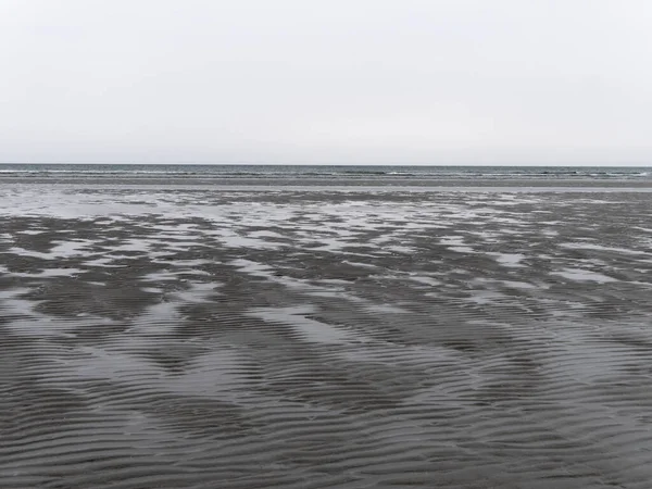 多云的日子里 在低潮的海滨湿透波浪的沙子 荒凉的海滨风景 欧洲北部的严酷性质 大西洋的寒冷海岸 — 图库照片