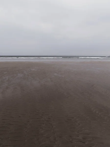 大海的海岸 凉爽的天气里 海滩湿透了 简约的海景 多云的天气 — 图库照片