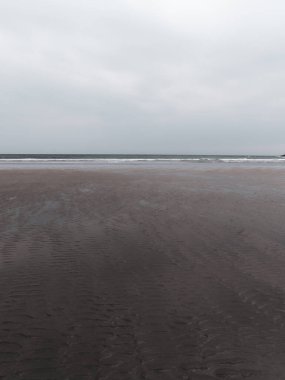 Deniz kıyısında. Bir günde ıslak plaj. Minimalist deniz manzarası. Bulutlu hava.