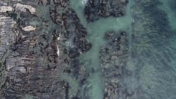 Güzel Mavi Turkuaz Suyun Kıyıdan Kayalara Girişini Gösteren Hava Aracı — Stok video