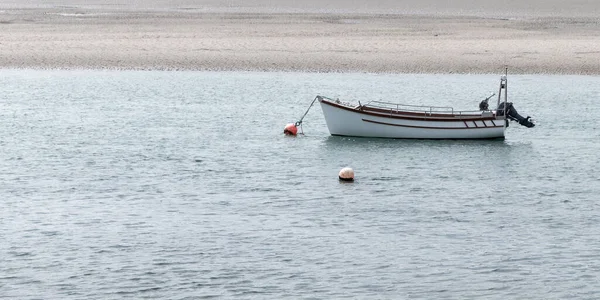 一艘停泊在浅水中的汽船 珊迪海滩海景 水面上的白船 — 图库照片