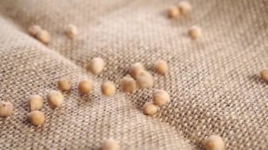 Pişmemiş nohut çekirdeklerini yavaş çekimde kırsal bir jüt çuval bezelyesine serpmek. Kapatın. Sütunlar