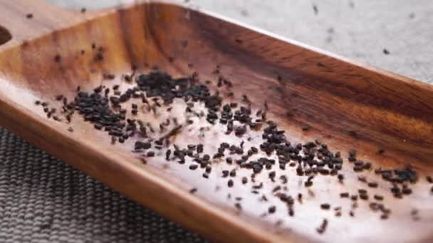 Black Sesame Seeds Falling Rustic Wooden Kitchenware Slow Motion Rough — Stock Video