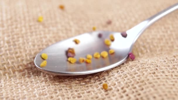 Granules Pollen Sec Tombant Sur Une Cuillère Sur Une Toile — Video