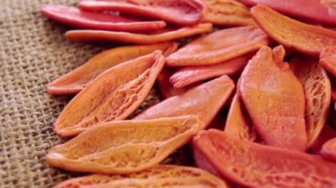 Zeytin yaprağı makarna, kuru İtalyan kırmızı makarna ve domates malzemesi. Kırsal bir çuval bezi üzerinde. Foglie di ulivo. Organik yiyecekler. Döndürme