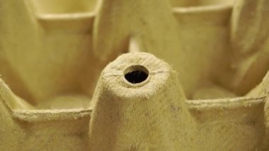 Karton yumurta kutusu. Gıda kalıplı, delikli kağıt dokusu. Makro. Döndürme. Geri dönüştürülmüş kağıt kutu. Paket deseni