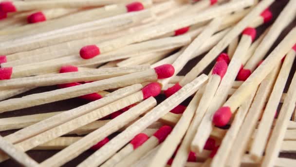 Close Wooden Matches Red Sulfur Heads Macro Rotation Light Fire — Stock Video