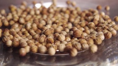 Kurutulmuş kişniş ya da kişniş tohumları. Baharatlı bitki çeşnisi. Makro. Döndürme