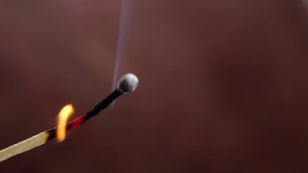 燃えるような試合に吹いて火を消す ブレイズ エンド 木製の背景に スローモーションで煙 炎が消えた マクロ — ストック動画