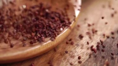 Kırsal bir tahta kaşığa çiğ kırmızı kinoa tohumları dökülüyor. Makro. Kurutulmamış tahıllar. Süper yiyecek konsepti