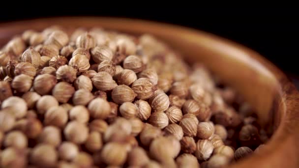 Semințe Întregi Cilantro Cereale Coriandru Castron Rustic Din Lemn Fundal — Videoclip de stoc