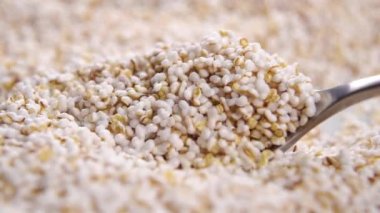 Amaranth puffed grain pile moving with spoon. Popped seeds of Amaranthus. Gluten free food. Slow motion. Macro shot