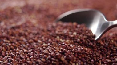 Red quinoa raw seeds in spoon. Falling in slow motion. Macro. Super food concept