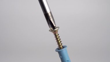 Bir tornavida beyaz arka plandaki metal vidayı söker. Plastik gri çivi. Makro. Ev işi aracı konsepti