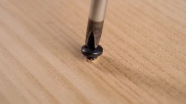 Bir tornavida tahtadaki metal siyah vidayı söker. Makro atış. Ev işi aracı konsepti