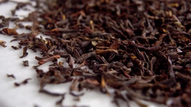 Czarny Suszony Liść Herbaty Makro Obrót Białej Powierzchni — Wideo stockowe