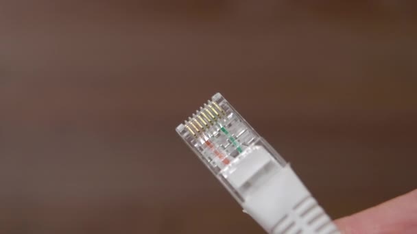 Kablosu Elinizin Altında Ethernet Bağlantı Ekipmanları Kahverengi Arka Planda Internet — Stok video