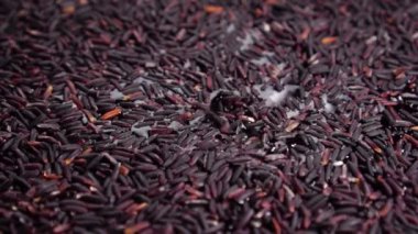 Yabani siyah pirinç pişiriyorum. Kuru taneleri yavaş çekimde suya döküyorlar. Yakın plan. Döndürme. Geleneksel Asya yemekleri hazırlanıyor.