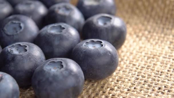 Blueberries Pada Permukaan Goni Pedesaan Bilberry Berry Segar Yang Matang — Stok Video