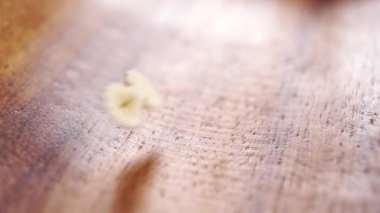 Papyonlu makarna, ahşap bir kasenin dokulu yüzeyine düşüyor. Makro. Ağır çekim. Akdeniz mutfağı. İtalyan pişmemiş malzemesi.