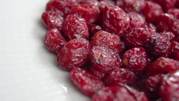 Dried Red Cranberries Dry Berries White Plate Close Macro Rotation — Stock Video