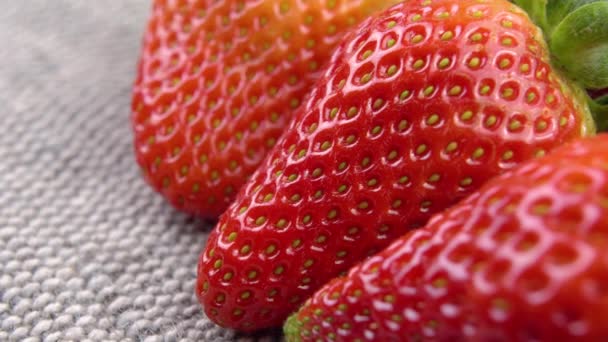 Bauernhof Bio Erdbeeren Auf Rustikalem Jutetuch Makro Texturierte Rote Oberfläche — Stockvideo
