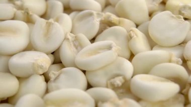 Kurutulmuş mısır, yakın çekim. Makro atış. Hominy buğdayı. Döndürme