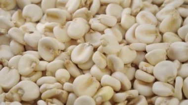 Yavaş çekimde düşen kuru mısır ezmesi. Hominy buğdayı. Döndürme