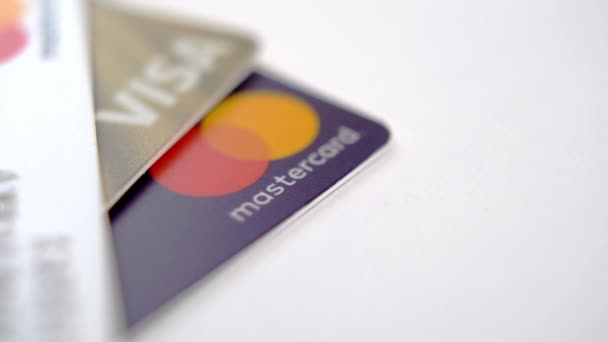 Spain Oviedo March 2022 Visa Mastercard Bank Credit Cards Close — 图库视频影像