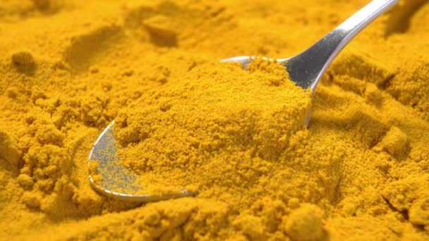 Kurkuma Pulver Einem Löffel Einem Haufen Zerkleinerte Wurzel Curcumin Makro — Stockvideo