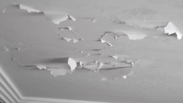Damaged Bathroom Ceiling Cracked Peeling White Paint Painted Drywall Close — Stock Video