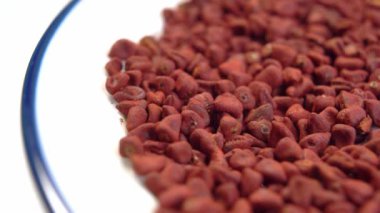 Tohumlara ulaş. Annatto taneleri beyaz tabakta. Yemek pişirmek için doğal kırmızı boya. Meksika baharatı. Makro. Döndürme