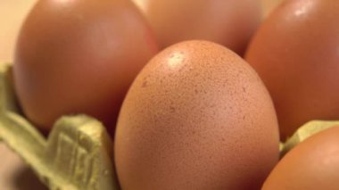 Karton ambalajda benekli tavuk yumurtası. Makro. Dolly vurdu.