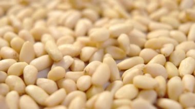 Çam fıstığı. Ağır çekimde soyulmuş sedir tohumları dökülüyor. Makro. Dolly vurdu.