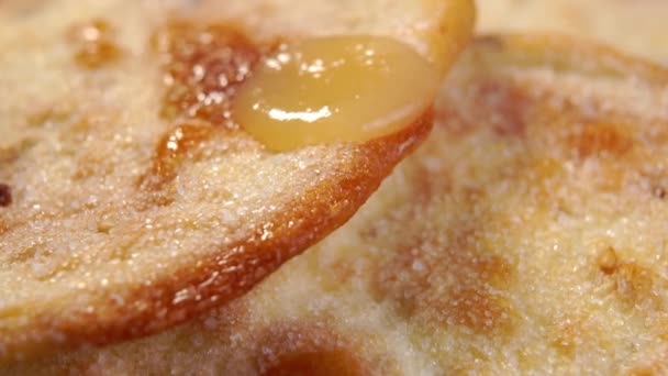 Pouring Applesauce Pancake Apple Puree Falling Baked Crepes Macro Rotation — Stock Video