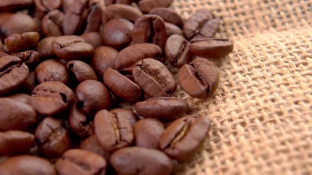 Freshly Roasted Coffee Beans Fragrant Dark Seeds Rough Burlap Cloth — Stock Video