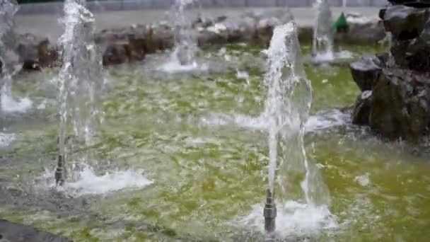 Hermosa Fuente Piedra Con Agua Cayendo Cámara Lenta Cerca — Vídeos de Stock