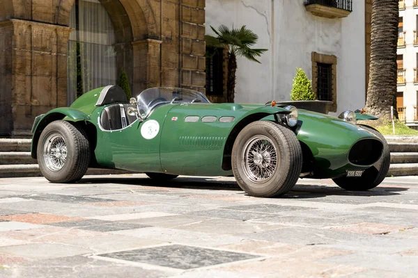 Oviedo, Spain - July 01, 2022: Retro sport car Jaguar Ronart W152. Green vintage automobile
