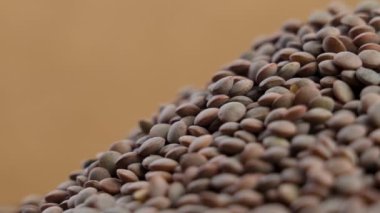 Hindistan çiğ kahverengi mercimek. Pişmemiş baklagil malzemesi. Makro. Döndürme
