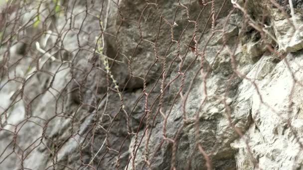 산사태로부터 암석은 절벽을 도로로 위험스럽게 미끄러져 내려갑니다 폭포수와 떨어지는 — 비디오