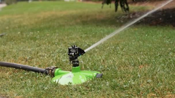 Automatic Watering Sprinkler Sprays Jets Water Green Grass Slow Motion — Stock video