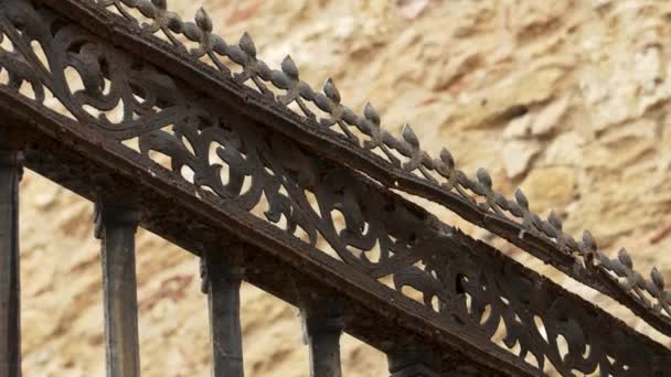 Black Patterned Forged Iron Fence Spikes Peaks Antique Medieval Cathedral — Vídeos de Stock
