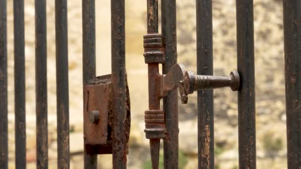 Ancient Metal Rusty Wrought Latch Handle Deadbolt Door Lattice Gate — Stockvideo