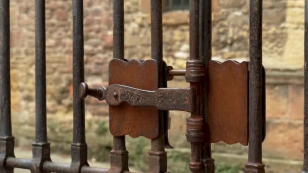 Antique Iron Wrought Rusty Latch Locked Medieval Lattice Gate Vintage — Stockvideo