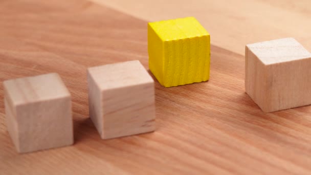 Hand Moves Bright Yellow Cube Line Wooden Blocks Concept Leadership — Stock videók