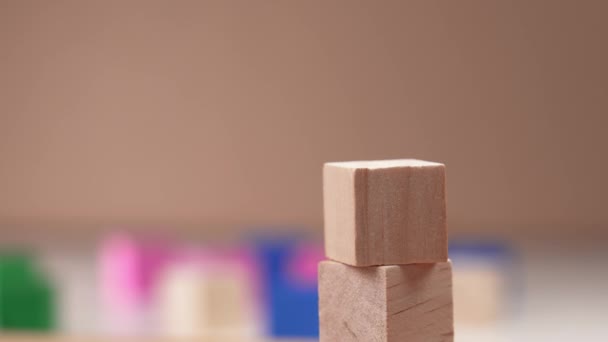 Creating Block Toy Tower Wooden Cubes Hand Sets Top Tower — Video